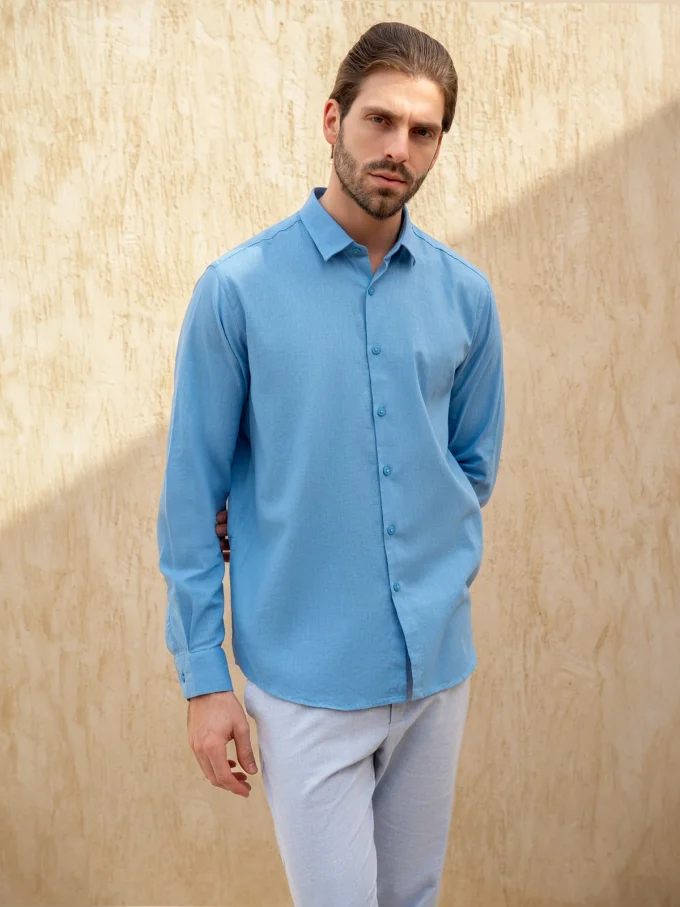 Men's Long-Sleeve Linen Shirt - Blue, S