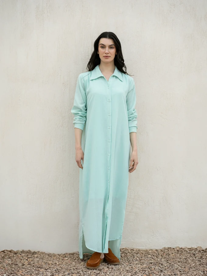 Linen Dress with Buttons - Mint Green, Free size