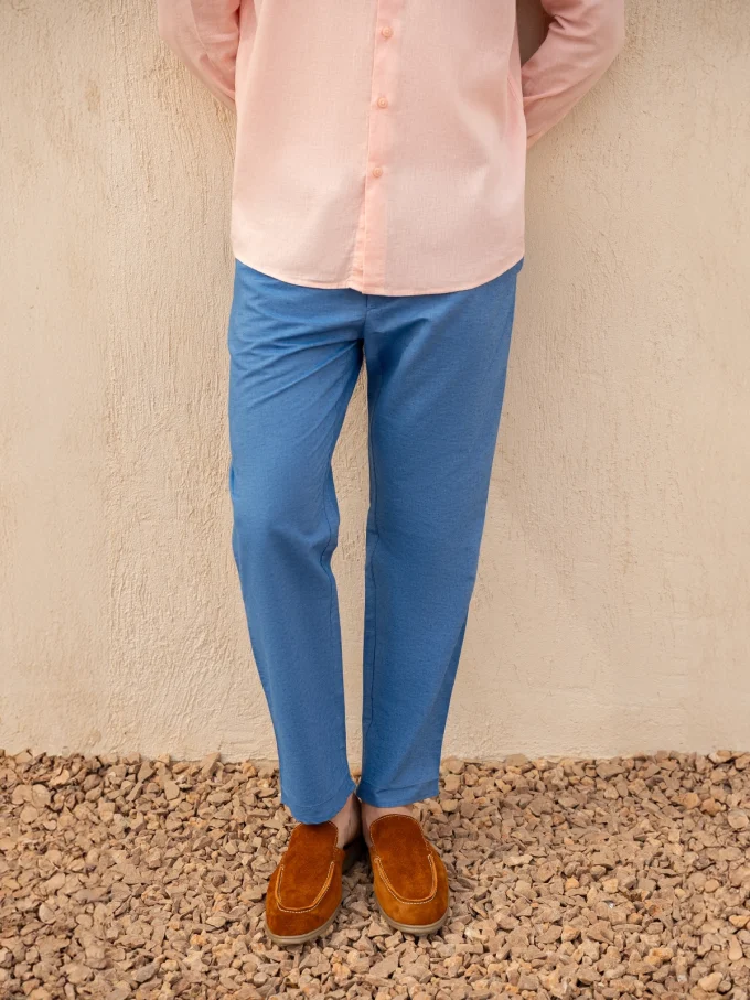 Straight-Cut Linen Pants - Blue, S