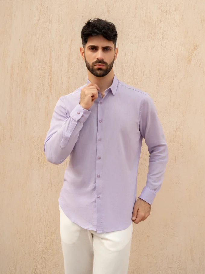 Men's Long-Sleeve Linen Shirt - Light Purple, XXL