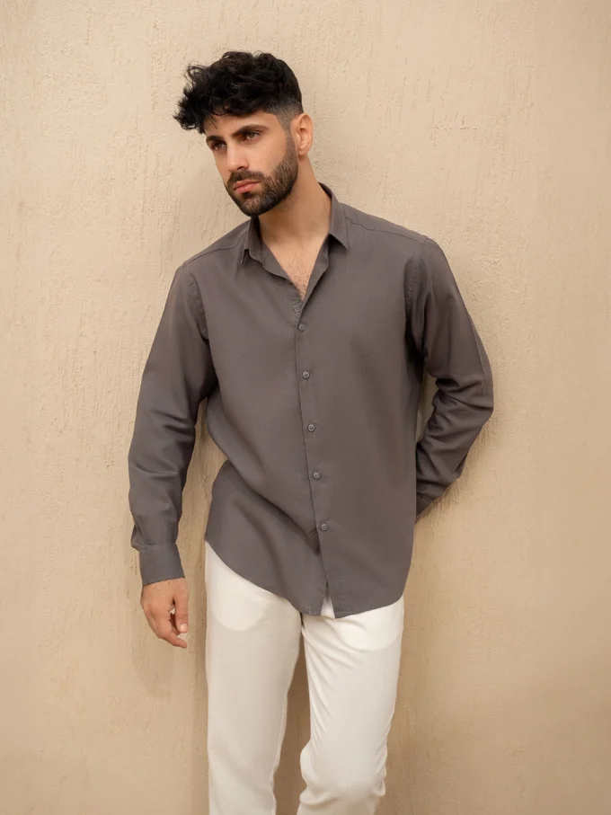 Men's Long-Sleeve Linen Shirt - Brown, S