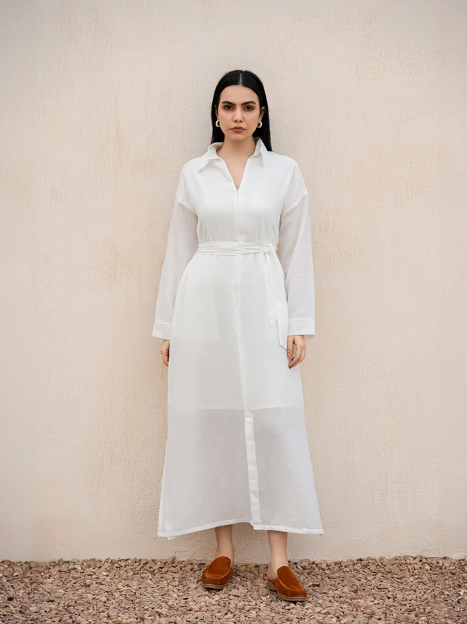 Mid-length Dress with Zipper Detailing - White, Free size