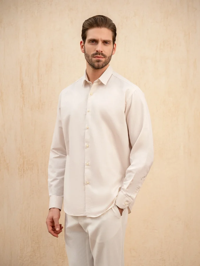 Men's Long-Sleeve Linen Shirt - Off White, S