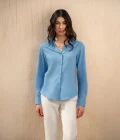 Woman's Linen Shirt With Front Buttons - Blue, XL