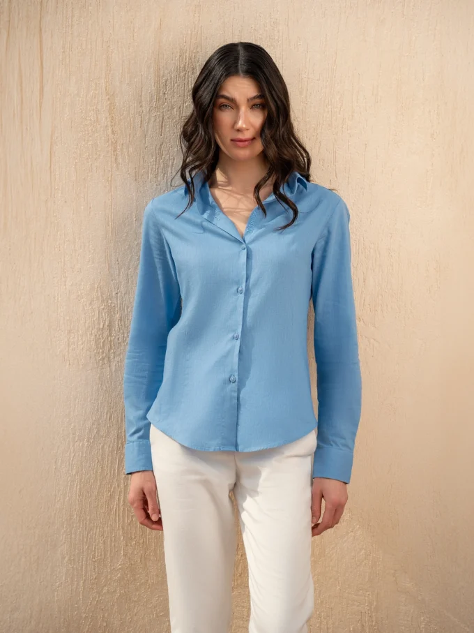 Woman's Linen Shirt With Front Buttons - Blue, XL