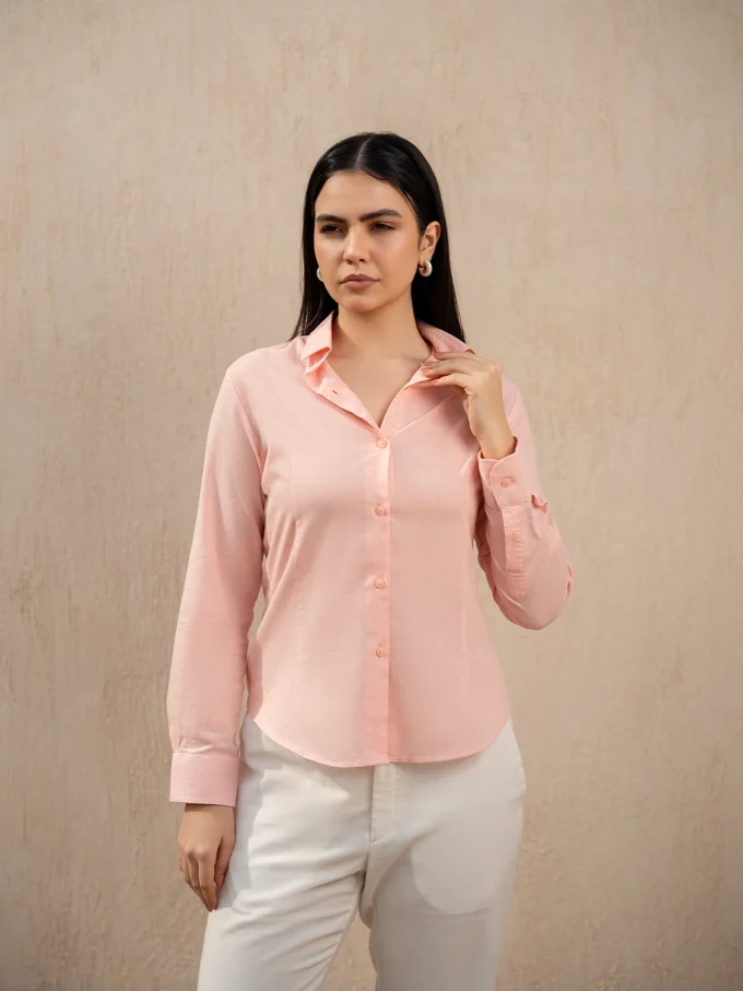 Woman's Linen Shirt With Front Buttons - Light Orange, S