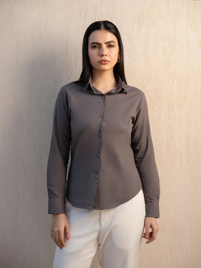 Woman's Linen Shirt With Front Buttons - Brown, XL