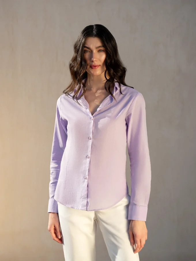 Woman's Linen Shirt With Front Buttons - Light Purple, S