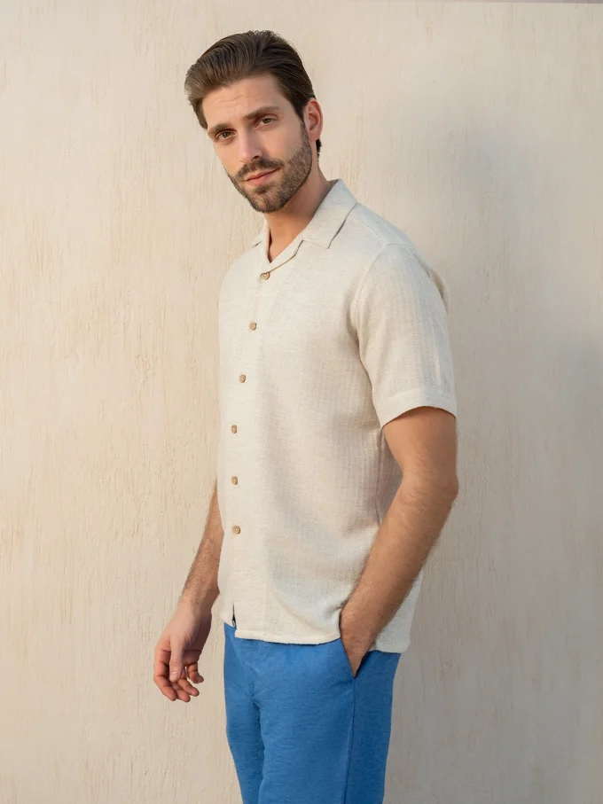Short-Sleeve Linen Button-Up Shirt - Beige, XXL
