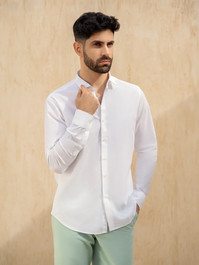 Men's Long-Sleeve Linen Shirt - White, S